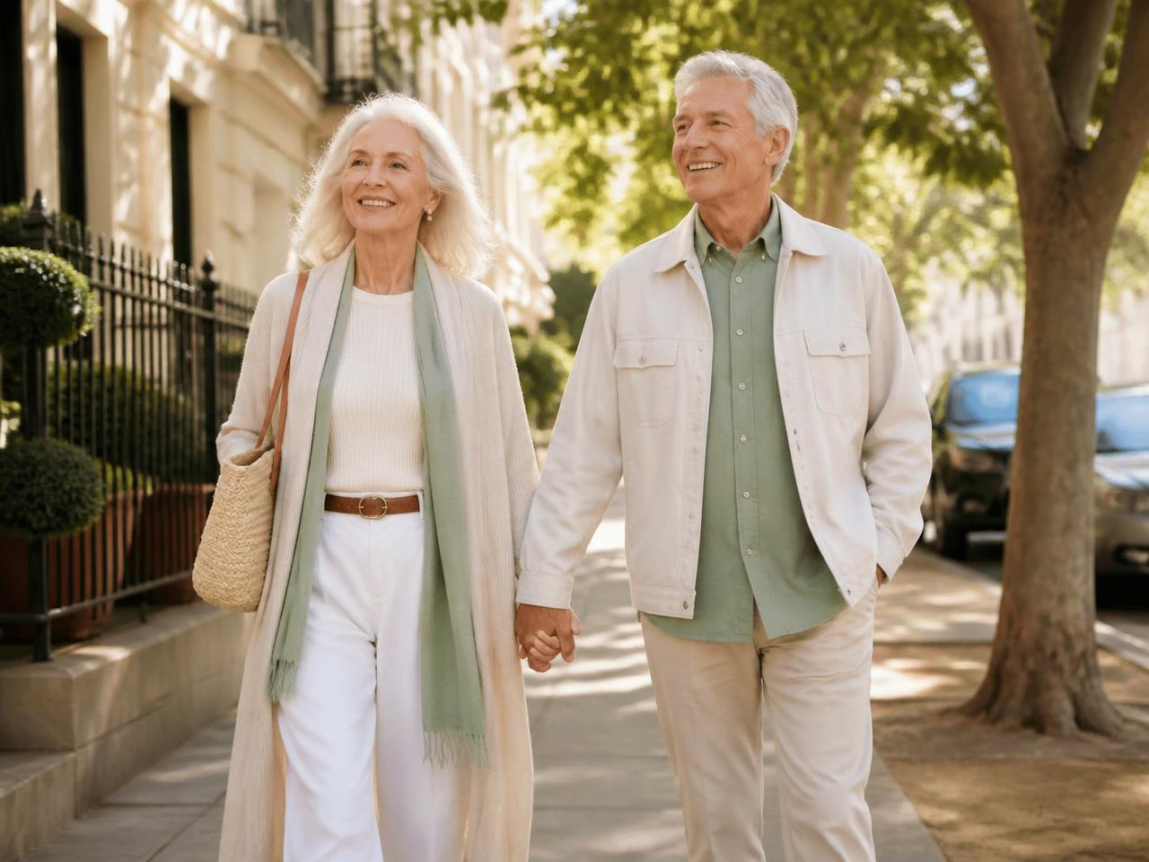 Casal idoso elegante e saudável caminhando de mãos dadas em uma rua arborizada